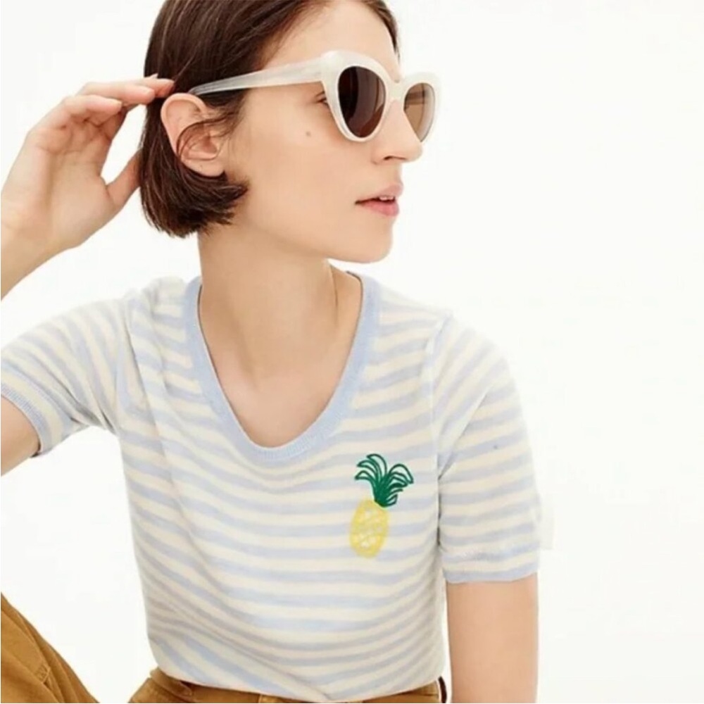 J Crew Tippi Pineapple Striped Short Sleeve Sweater 100% Merino Wool Size Large